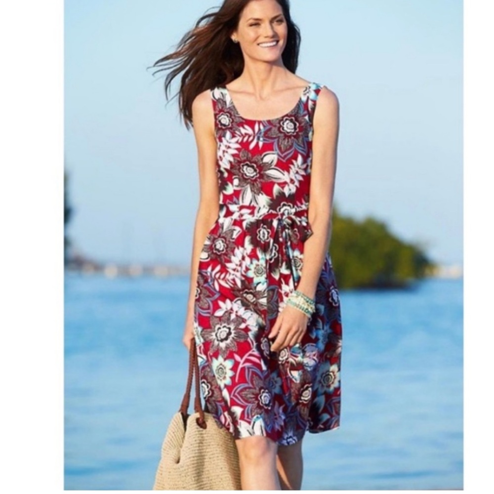 Talbots Salsa Red Jacobean Floral Cotton Midi Tea Party Dress Sz: 8P